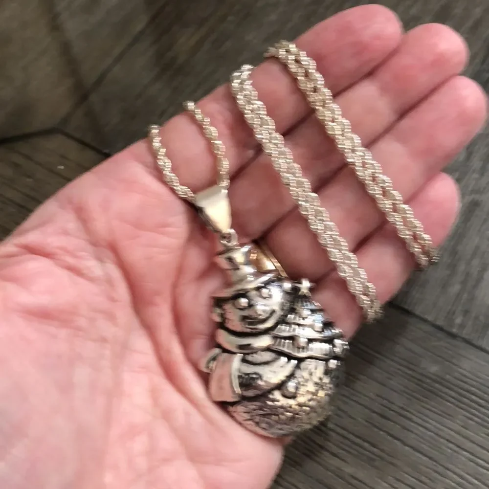 Vintage Sterling Silver Snowman Pendant with Silver Plated Rope Chain